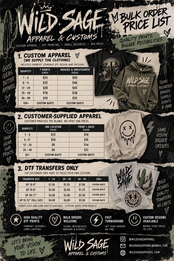 Wild Sage bulk order price list artwork
