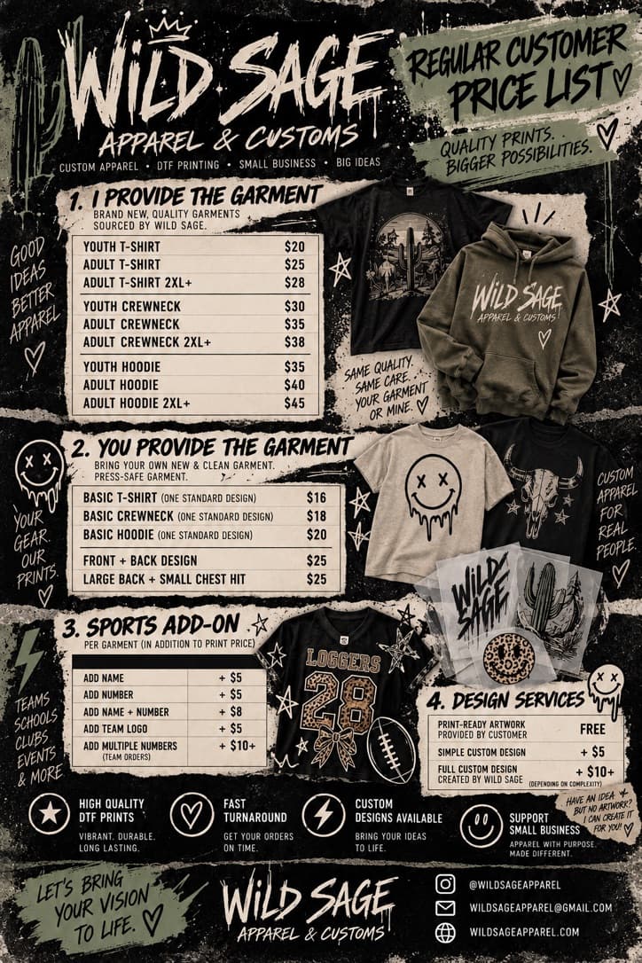 Wild Sage regular customer price list artwork