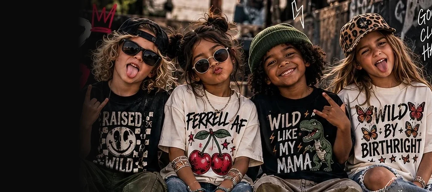 Approved Raised Wild concept: four kids wearing expressive graphic tees